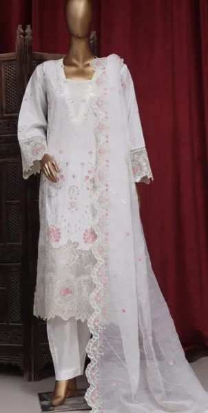 Pakistani Original Bin Saeed luxury Stitched Cotton Embroidered 3 Pcs _ White 